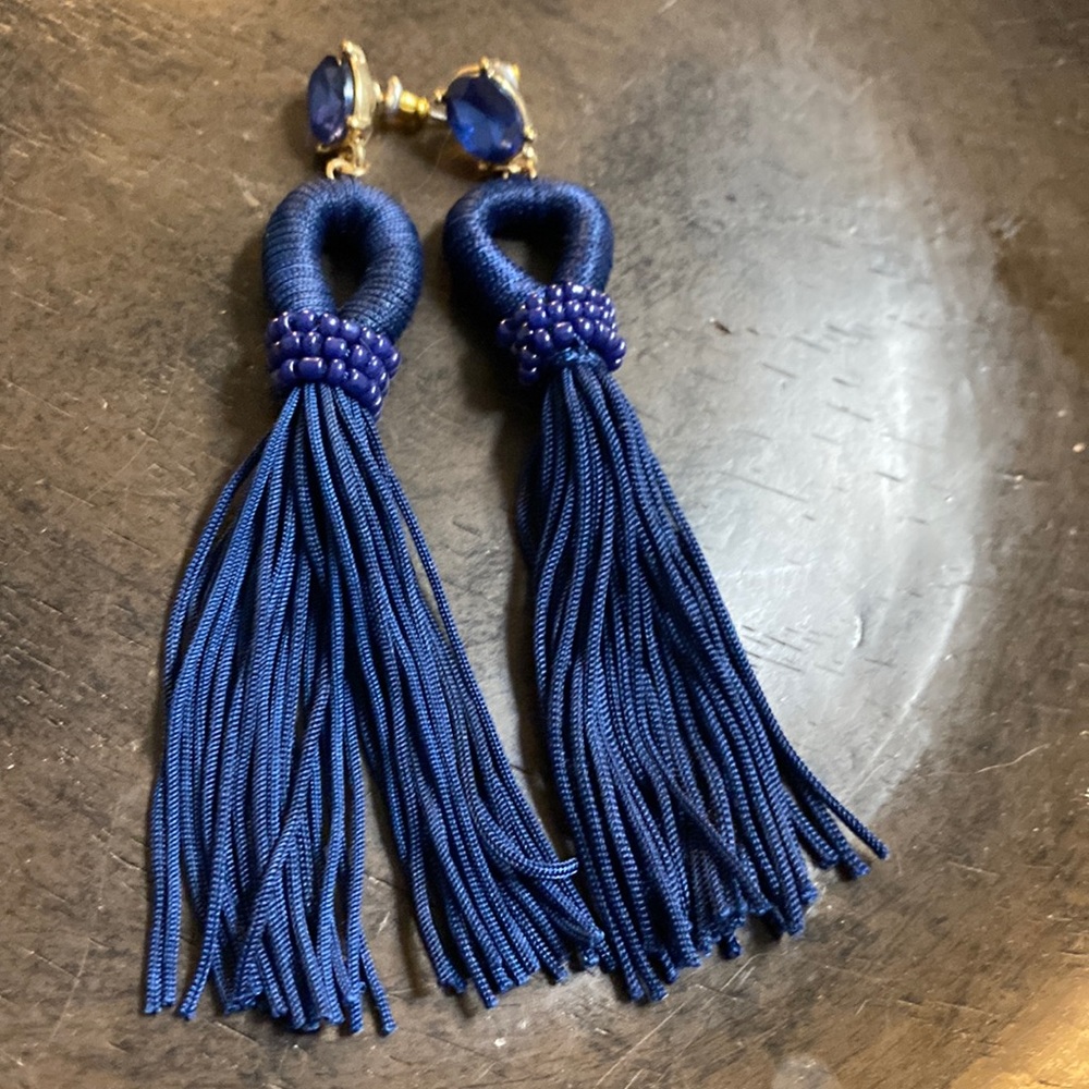 Navy Rhinestone Tassel Earrings